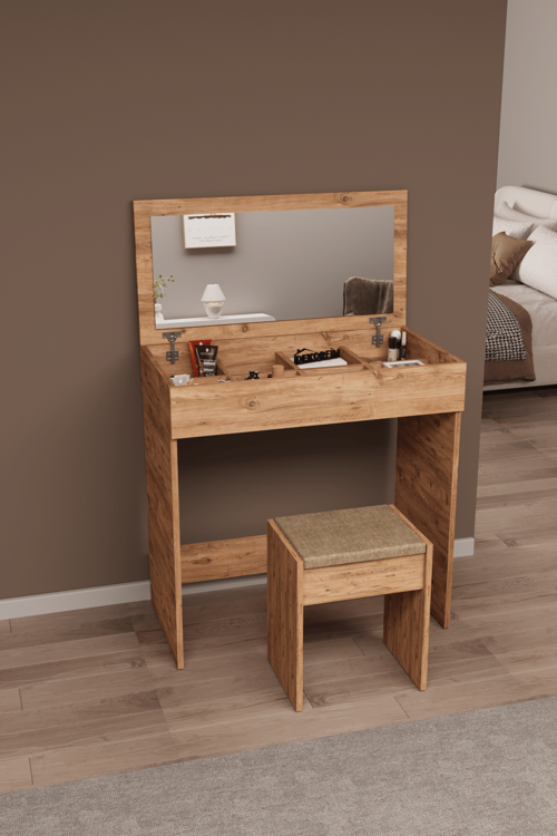 DF02113 Kapaklı Aynalı Bölmeli Puflu Makyaj Masası