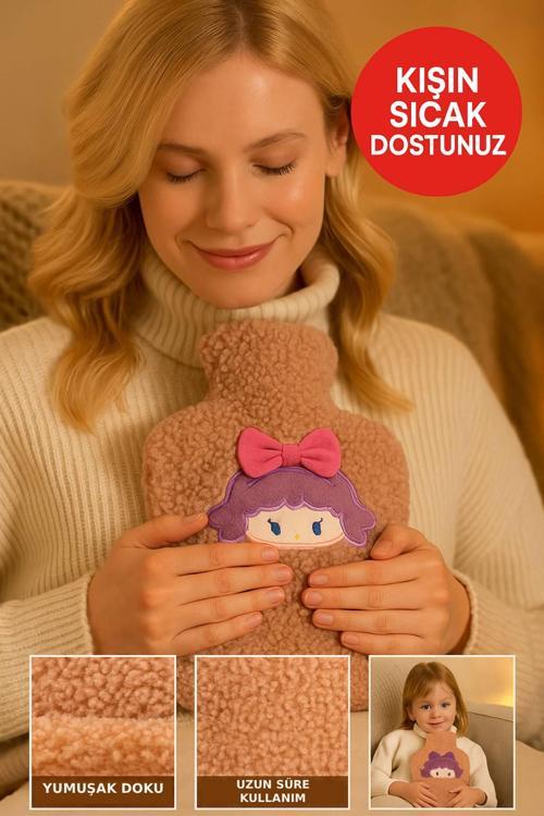 Kahverengi Peluş Sıcak Su Torbası – Yumuşak, Güvenli ve Şık Saçlı Kız Model, 1 Litre