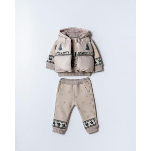 SNOWY DAYS KAPÜŞONLU ŞİŞME YELEKLİ ÜÇLÜ ALT ÜST TAKIM - Bej - 12 Ay Bej