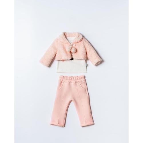 PELUŞ BOLEROLU KIZ ÜÇLÜ ALT ÜST TAKIM - Somon - 12 Ay Somon