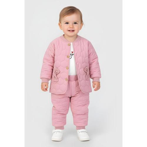 FİYONK DETAYLI KAPİTONE ÜÇLÜ ALT ÜST TAKIM - Pembe - 12 Ay Pembe