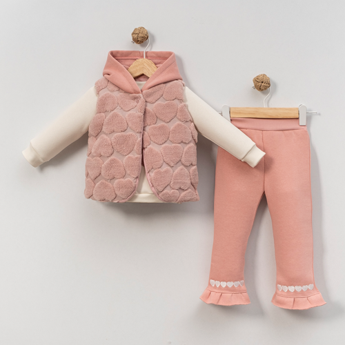 KAPÜŞONLU KALP DETAYLI YELEKLİ ALT ÜST TAKIM - Gül Kurusu - 18 Ay Gül Kurusu