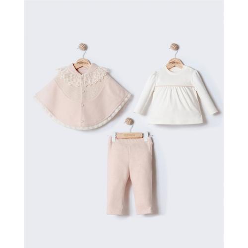 PELERİNLİ DANTEK DETAYLI ÜÇLÜ ALT ÜST TAKIM - Pudra - 9 Ay Pudra