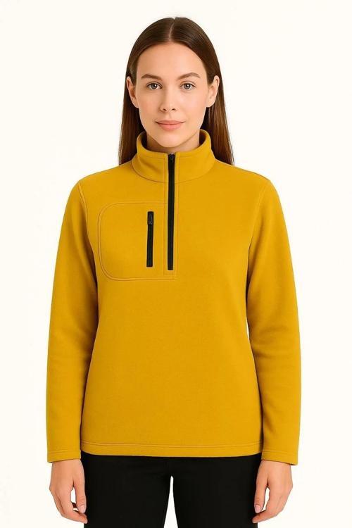 Kadın Polar Kazak – Dik Yaka, Yarım Fermuarlı, Fermuarlı Göğüs Cepli, Siyah Biyeli, Kışlık Rahat Reg