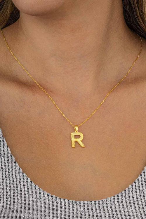 Altın Kaplama R Harfli Kadın 925 Ayar Gümüş Kolye