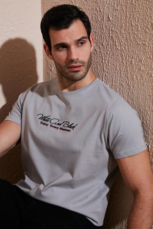 Pamuklu Slim Fit Bisiklet Yaka Yazılı Erkek T Shirt 541ENJOY AÇIK GRİ