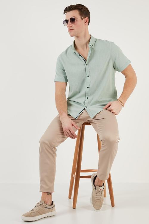 Pamuklu Slim Fit Düğmeli Yaka Kısa Kollu Erkek Gömlek CF21S112546 ELMA YEŞİLİ