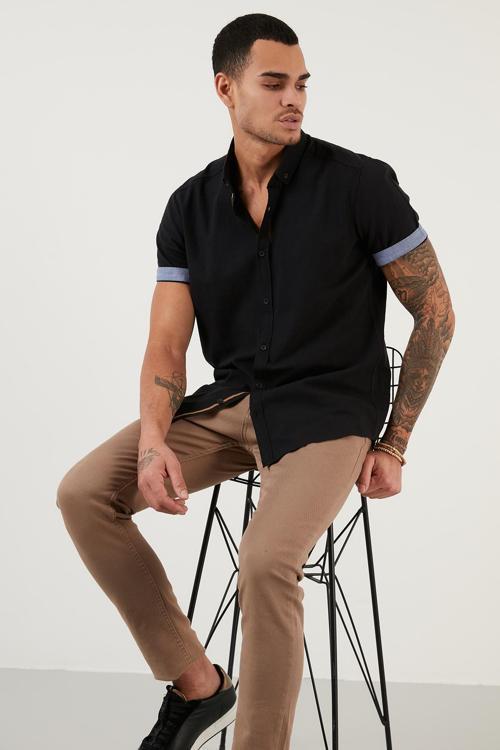 Pamuklu Slim Fit Düğmeli Yaka Kısa Kollu Erkek Gömlek CF21S112546 SİYAH
