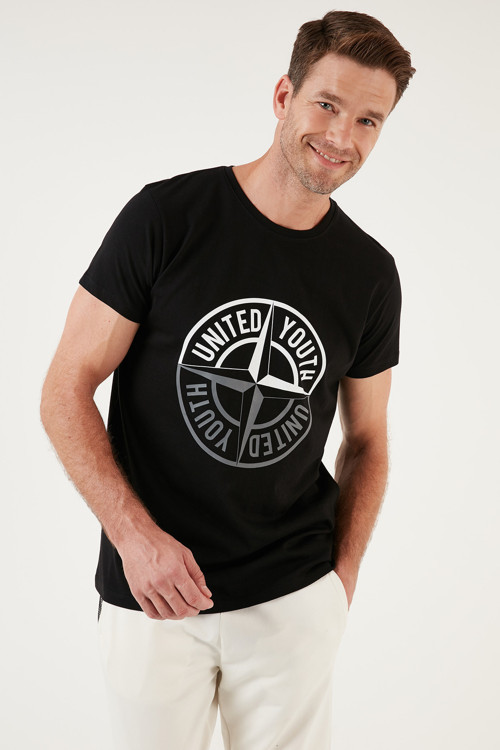 Baskılı Bisiklet Yaka Pamuklu Slim Fit Erkek T Shirt 541PUSULA SİYAH