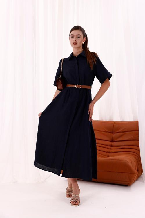 Önden Düğmeli Kemerli Gömlek Elbise