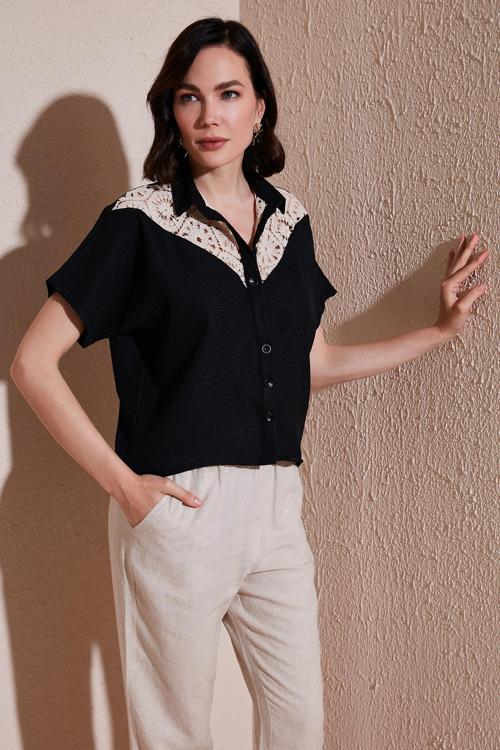 Dantelli Relaxed Fit Kısa Kollu Bayan Gömlek 5865764 SİYAH