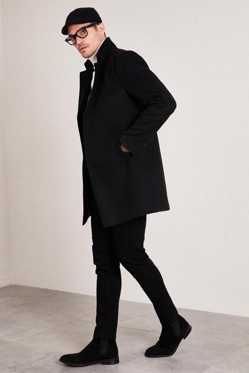 Slim Fit Tek Yırtmaçlı Düğmeli Mono Yaka Kaşe Erkek Kaban 5840098 SİYAH