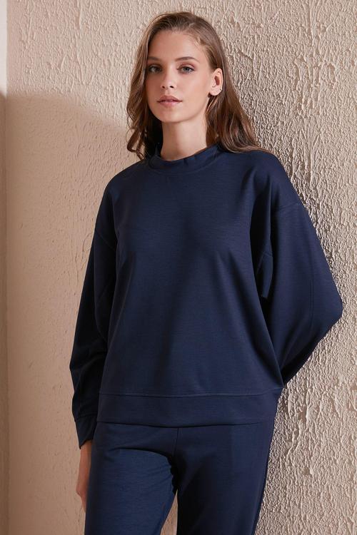 Streç Bisiklet Yaka Oversize Fit Scuba Bayan Sweat 5865879 LACİVERT
