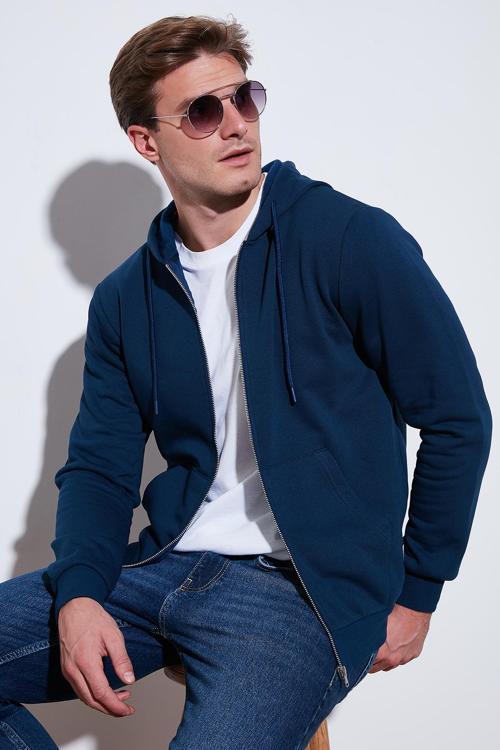 Regular Fit Kapüşonlu Fermuarlı İçi Tüylü Yumuşak Şardonlu Kışlık Erkek Sweat 5905340 İNDİGO