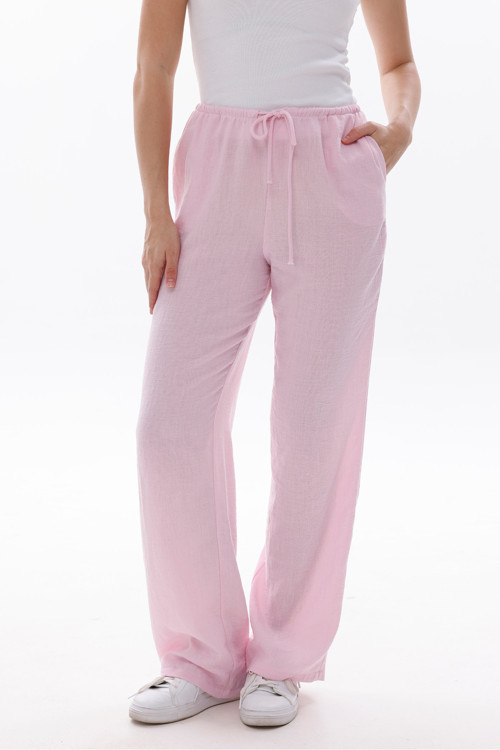 Beli Lastikli Bağcıklı Dokuma Pembe Pantolon