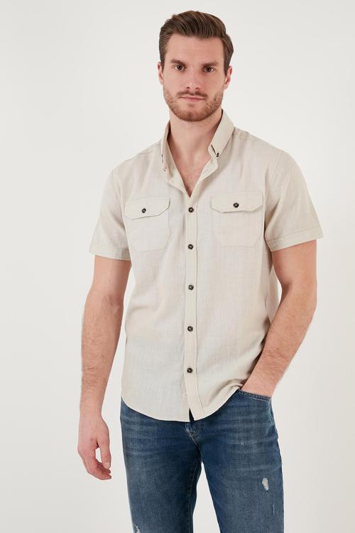 Düğmeli Yaka Pamuklu Slim Fit Cepli Erkek Gömlek CF21S111153 TAŞ