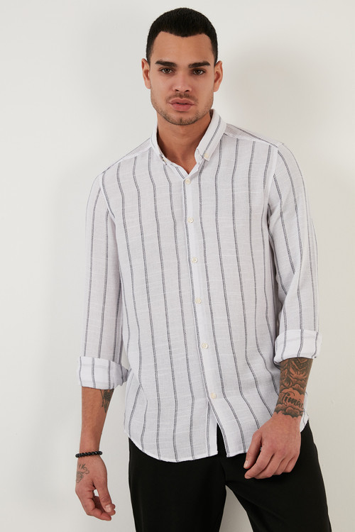 Pamuklu Çizgili Regular Fit Düğmeli Yaka Erkek Gömlek CF21S112480 BEYAZ-LACİVERT