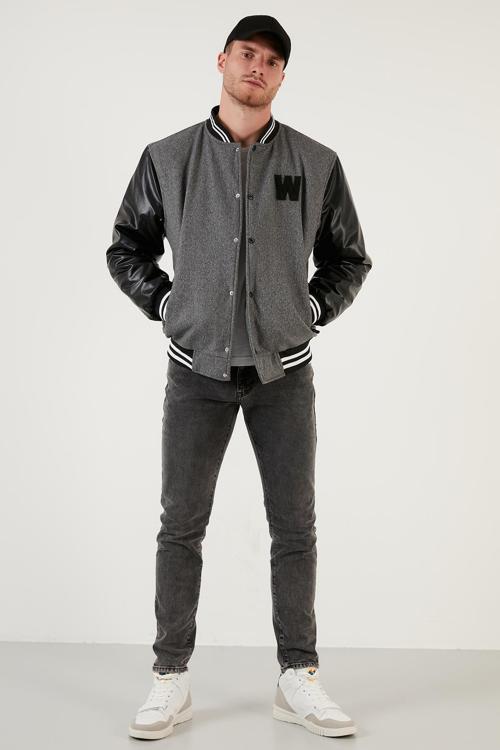 Armalı Kolları Deri Detaylı Kolej Yaka Bomber Erkek Mont 5715985 GRİ