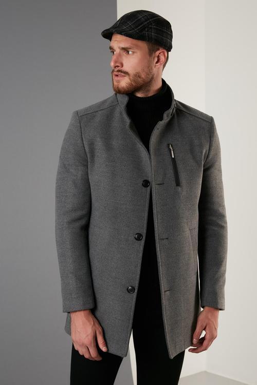 Slim Fit Düğmeli Dik Yaka Kaşe Erkek Kaban 5840099 AÇIK GRİ