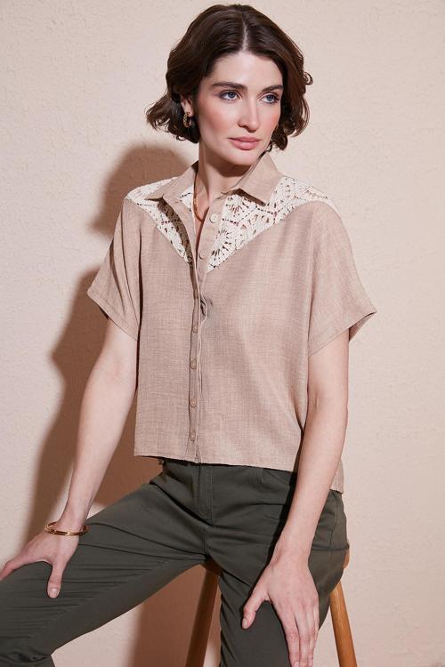 Dantelli Relaxed Fit Kısa Kollu Bayan Gömlek 5865764 TAŞ