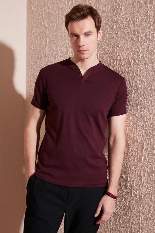 Pamuklu V Yaka Slim Fit Erkek T Shirt 5902122 VİŞNE