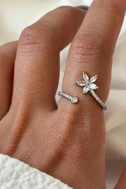 İthal Seri Zarif Zirkon Taşlı Sarmal Lotus Çiçeği Tasarım Ayarlanabilir Kadın Çelik Yüzük