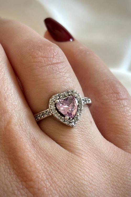 Pembe Zirkon Taşlı Kalp Tasarım Ayarlanabilir Kadın Yüzük