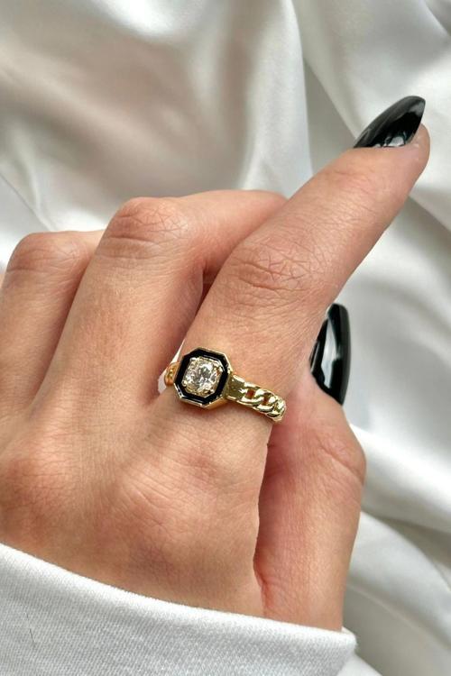 Premium İthal Seri Sekizgen Zirkon Taşlı Tek Taş Ayarlanabilir Tasarım Kadın Çelik Yüzük