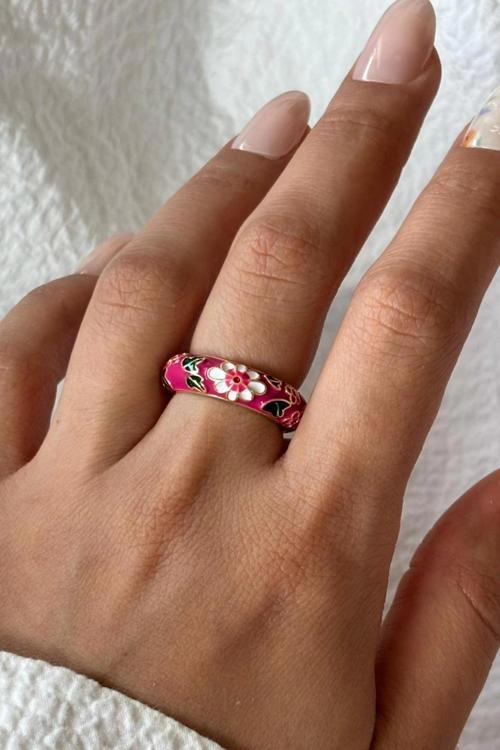 Premium Seri Çok Renkli Çiçek Desen Mineli Ayarlanabilir Kadın Çelik Yüzük