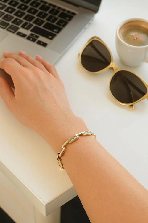 Crystal Linkage Kuyumcu İşçiliği 14K Altın Kaplama Premium Seri Kadın Çelik Bileklik