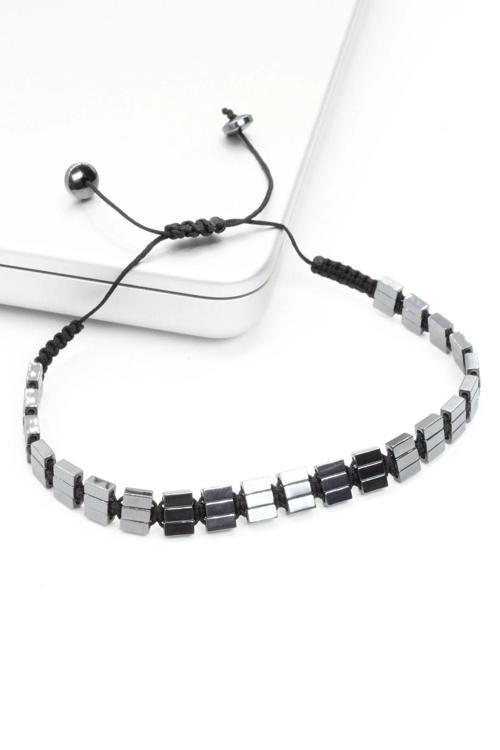 Özel Tasarım İnce Kesim Dikdörtgen Hematit Taşlı Asansör İpli Ayarlanabilir Doğal Taş Erkek Bileklik