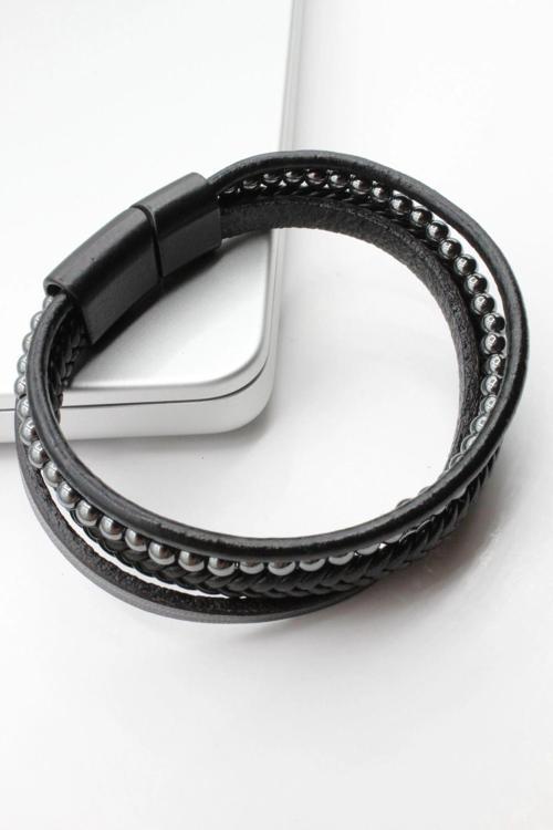 Özel Üretim Örgülü Hematit Taşlı 4'lü Görünüm Manyetik Tokalı Deri Erkek Bileklik