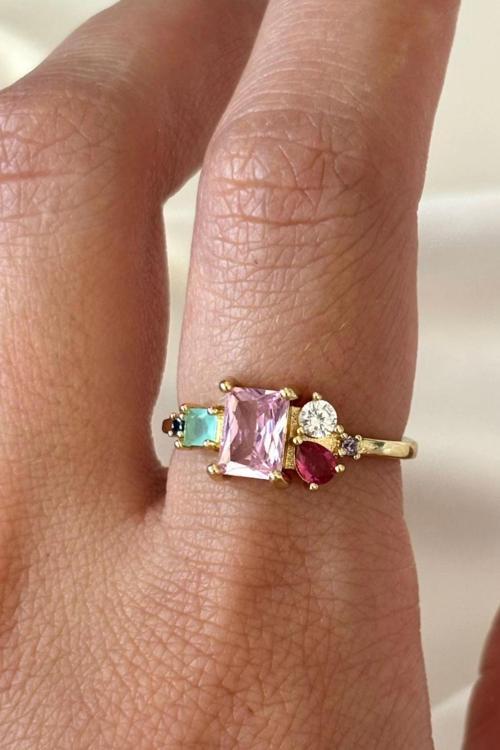 İthal Seri Zarif Karışık Renkli Pembe Baget Taşlı Tasarım Ayarlanabilir Kadın Çelik Yüzük