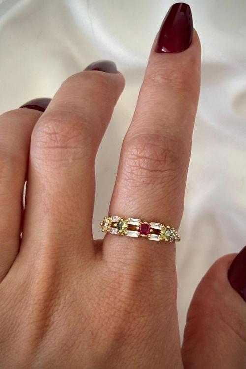 İthal Seri Çift Sıra Renkli Zirkon Taşlı Zarif Tasarım Ayarlanabilir Kadın Çelik Yüzük