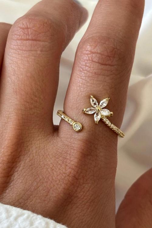 İthal Seri Zarif Zirkon Taşlı Sarmal Lotus Çiçeği Tasarım Ayarlanabilir Kadın Çelik Yüzük