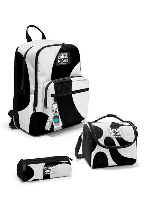 GOSHOPYA Siyah Beyaz Desenli 3’lü Okul Çanta Seti GOSET0123687