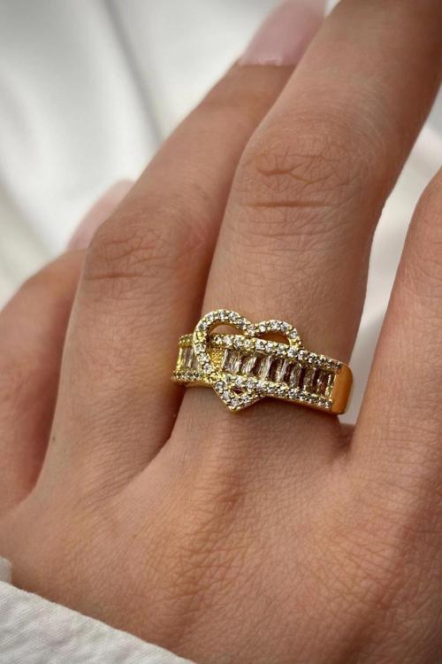 Premium Seri Kalp İçi Yarım Tur Zirkon Taşlı Tasarım Model Ayarlanabilir Kadın Yüzük