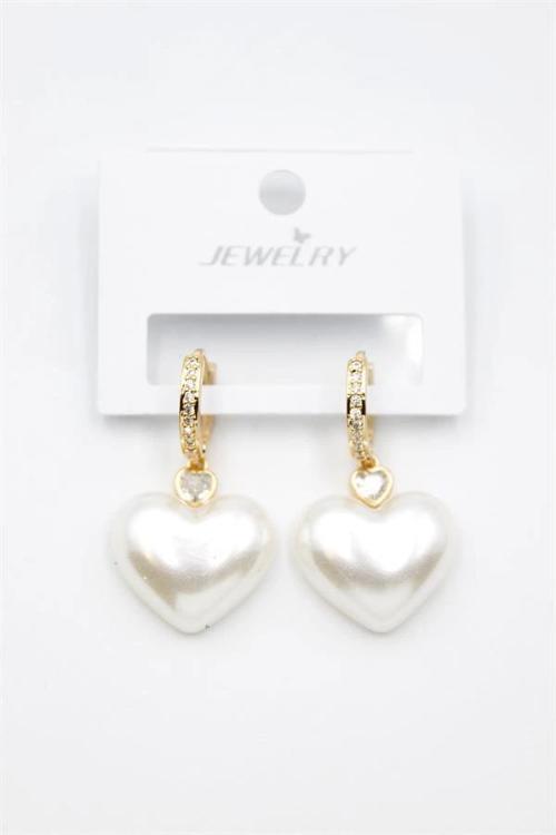 İnci Kalp Küpe - Altın