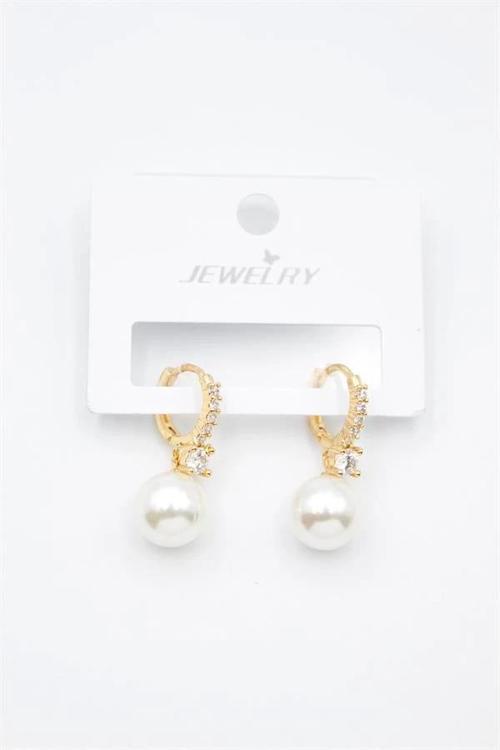 Taşlı İnci Küpe - Altın