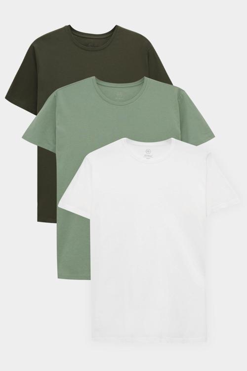 Slim Fit Haki/Yeşil/Beyaz 3'Lü T-Shirt
