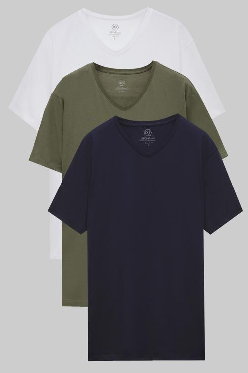Slim Fit Beyaz/Haki/Lacivert 3'Lü Set V Yaka T-Shirt