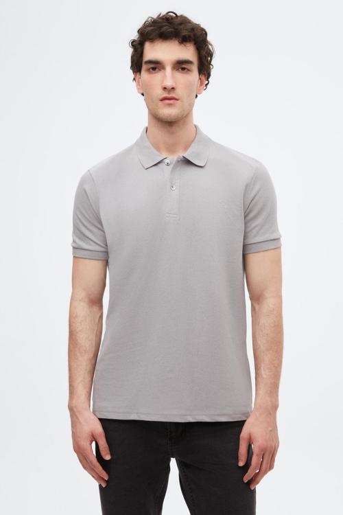 Regular Fit Gri %100 Pamuklu Uzun Ömürlü Kıvrılmaz Polo Yaka Nakışlı T-Shirt