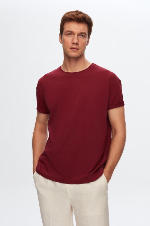Oversize Bordo Bisiklet Yaka %100 Pamuk T-Shirt