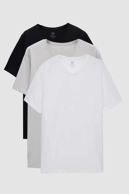 Slim Fit Siyah/Gri/Beyaz 3'Lü Set V Yaka T-Shirt