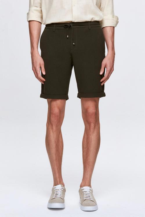 Haki Beli Lastikli Bağcık Detaylı Duble Paça Viskonlu Jogger Şort