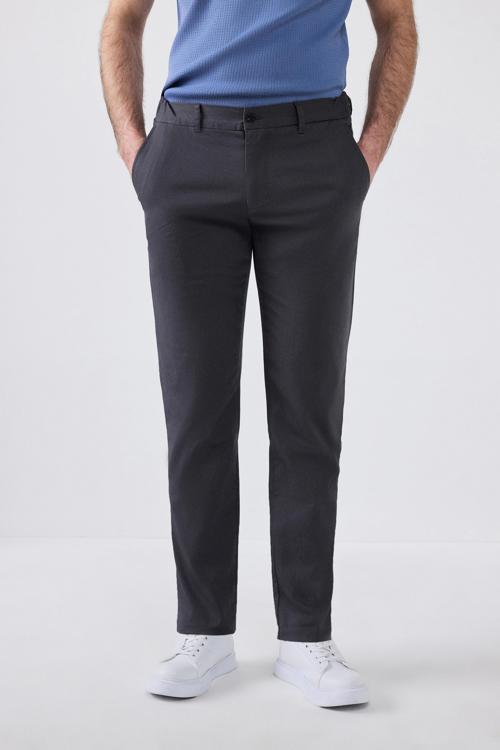 Slim Fit Antrasit Armürlü Yan Beli Lastikli Esnek Likralı Yandan Cepli Chino Pantolon