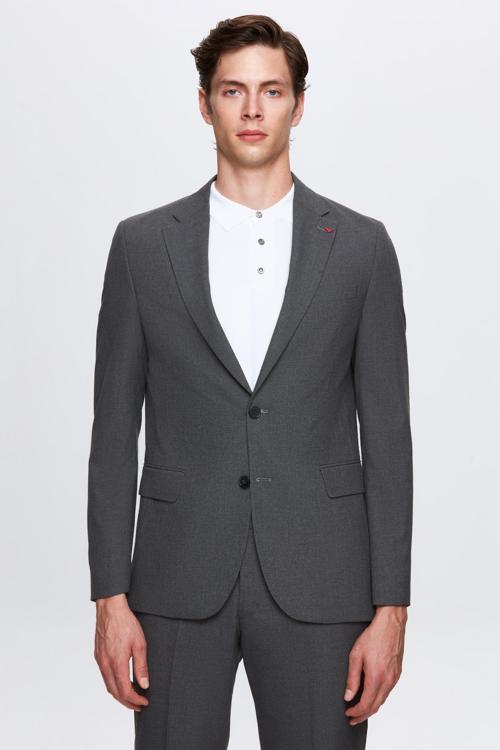 Slim Fit Gri Düz Likralı Esnek Mono Yaka Çift Yırtmaçlı Astarlı Takim Elbise