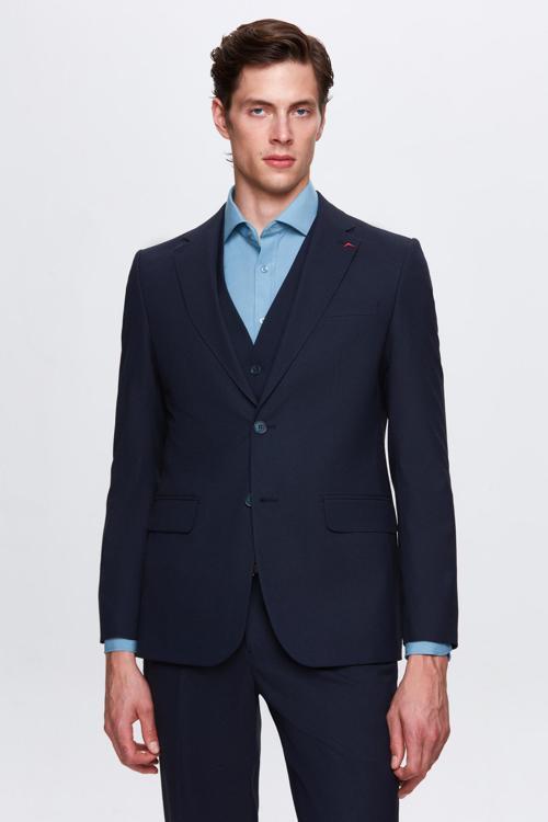 Slim Fit Lacivert Mono Yaka Tek Yırtmaçlı Astarlı Takim Elbise Yelekli