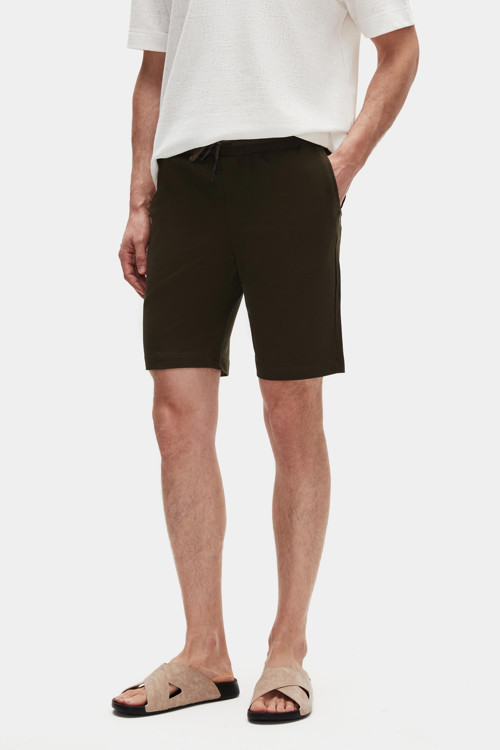 Slim Fit Haki Beli Lastikli Kordon Detaylı Rahat Pamuklu Örme Şort