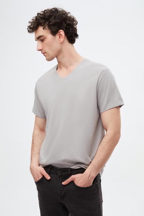 Slim Fit Gri V Yaka %100 Pamuk Tişört